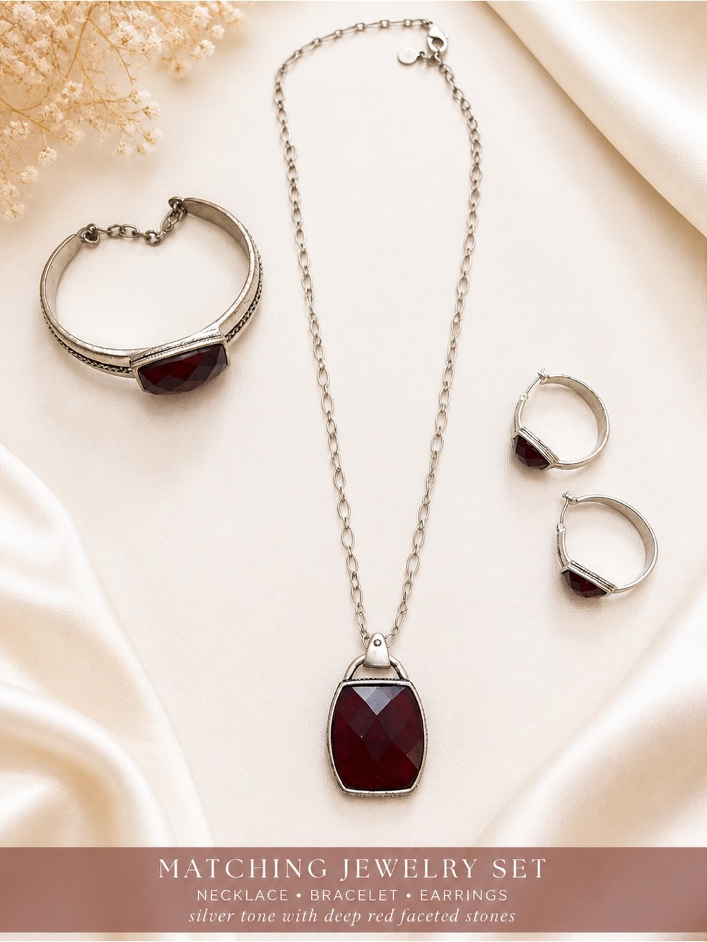 Red Stone Jewelry Set Necklace Bracelet Earrings Silver Tone